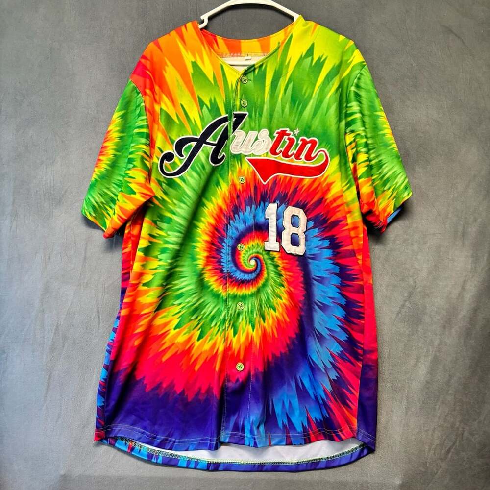 Custom Austin Wierdos 18 Rainbow Tie Dye Baseball Jersey Pride Large